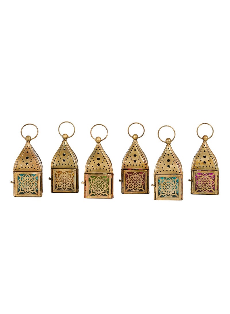 HilalFul Mini Brass Antique Style Decorative Candle Holder Lanterns - Multicolor Glass (Set of 6) | For Home Decor in Eid, Ramadan, Wedding | Living Room, Bedroom, Indoor, Outdoor Decoration