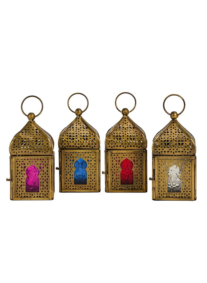 HilalFul Mini Brass Antique Style Decorative Candle Holder Lanterns - Multicolor Glass (Set of 4) | For Home Decor in Eid, Ramadan, Wedding | Living Room, Bedroom, Indoor, Outdoor Decoration