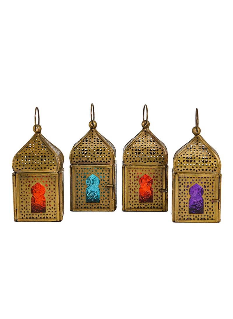 HilalFul Mini Brass Antique Style Decorative Candle Holder Lanterns - Multicolor Glass (Set of 4) | For Home Decor in Eid, Ramadan, Wedding | Living Room, Bedroom, Indoor, Outdoor Decoration