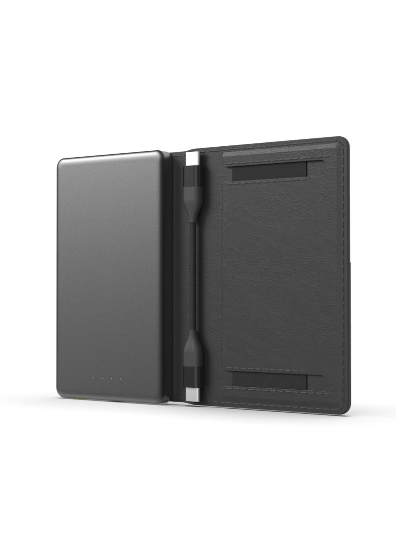 Vermont Portable 5000mAh Wallet Powerbank with Built-In Card Holder & Magnetic Type-C to C Cable Booktype / RFID Protection / Fast Charging / LED indicators / 3 Card Pocket / 6 Card Capacity - Black