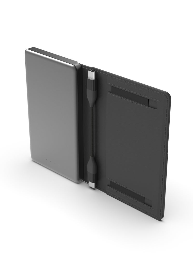 Vermont Portable 5000mAh Wallet Powerbank with Built-In Card Holder & Magnetic Type-C to C Cable Booktype / RFID Protection / Fast Charging / LED indicators / 3 Card Pocket / 6 Card Capacity - Black