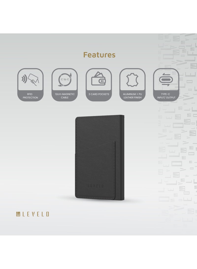 Vermont Portable 5000mAh Wallet Powerbank with Built-In Card Holder & Magnetic Type-C to C Cable Booktype / RFID Protection / Fast Charging / LED indicators / 3 Card Pocket / 6 Card Capacity - Black