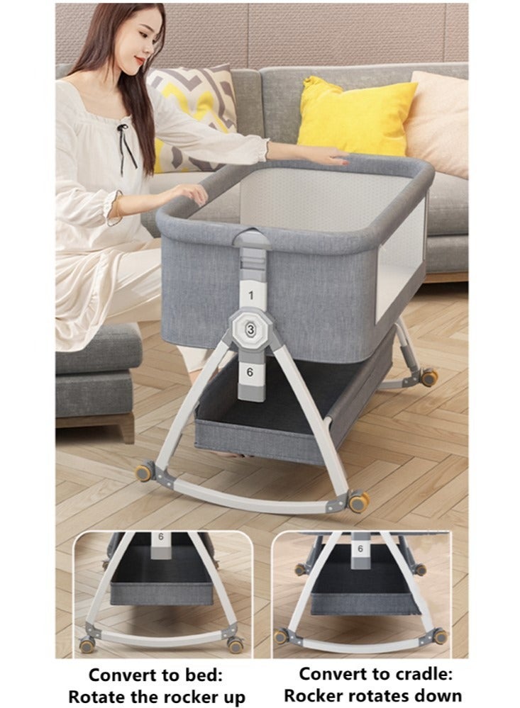 1-Piece Baby Bassinet Bedside Sleeper Bedside Crib Easy Folding Portable Crib Travel Baby Bed with Adjustable Height and Mattress Grey 90x50x83 cm