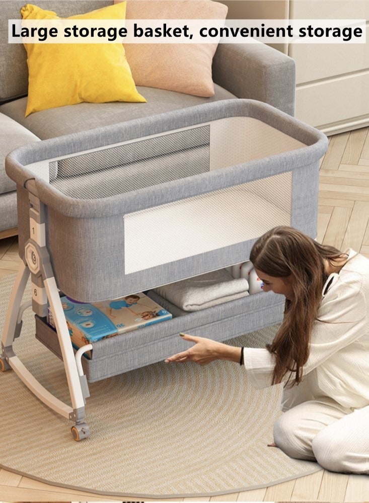 1-Piece Baby Bassinet Bedside Sleeper Bedside Crib Easy Folding Portable Crib Travel Baby Bed with Adjustable Height and Mattress Grey 90x50x83 cm