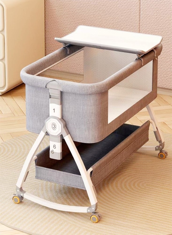 1-Piece Baby Bassinet Bedside Sleeper Bedside Crib Easy Folding Portable Crib Travel Baby Bed with Adjustable Height and Mattress Grey 90x50x83 cm