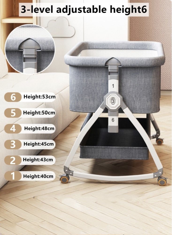 1-Piece Baby Bassinet Bedside Sleeper Bedside Crib Easy Folding Portable Crib Travel Baby Bed with Adjustable Height and Mattress Grey 90x50x83 cm