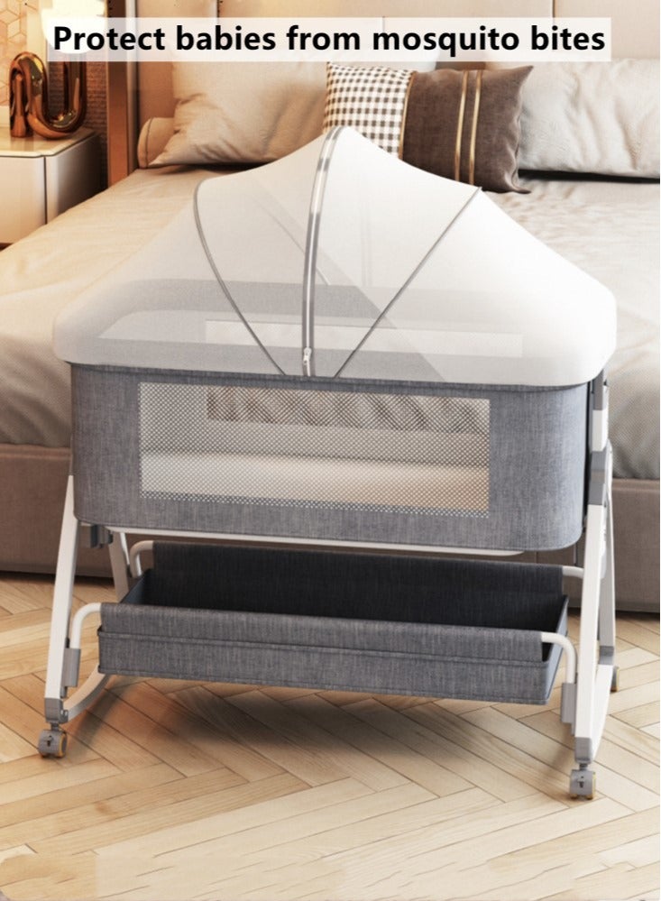 1-Piece Baby Bassinet Bedside Sleeper Bedside Crib Easy Folding Portable Crib Travel Baby Bed with Adjustable Height and Mattress Grey 90x50x83 cm