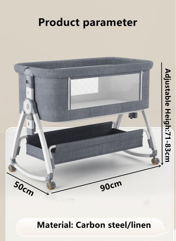 1-Piece Baby Bassinet Bedside Sleeper Bedside Crib Easy Folding Portable Crib Travel Baby Bed with Adjustable Height and Mattress Grey 90x50x83 cm
