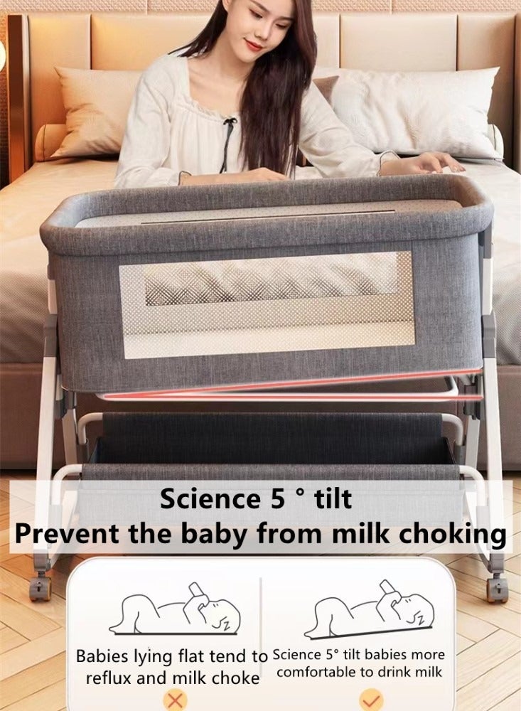 1-Piece Baby Bassinet Bedside Sleeper Bedside Crib Easy Folding Portable Crib Travel Baby Bed with Adjustable Height and Mattress Grey 90x50x83 cm