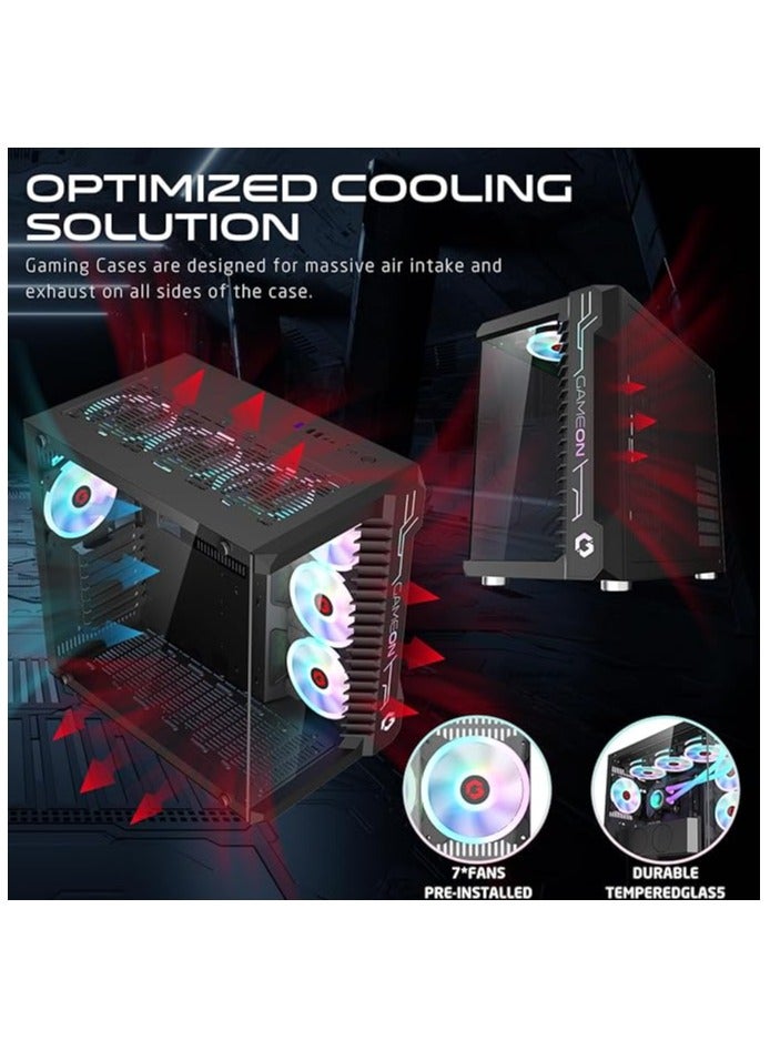 Emperor Midnight III Series Mid Tower PC Gaming Case 120mm ARGB+PWM Lighting Tempered Glass Pre Installed 7 RGB Cooling Fans Dust Filters Black