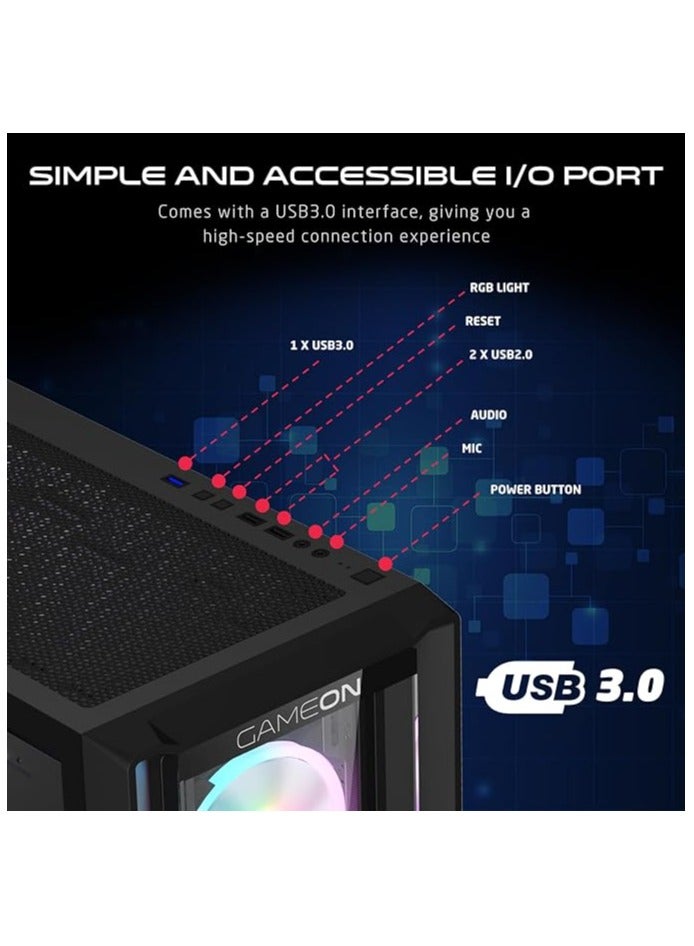 Vortex Midnight Series Mid Tower PC Gaming Case, ARGB+PWM Lighting, 0.8mm Tempered Glass Pre installed 4 RGB Fans Computer Case Dust Filters Black