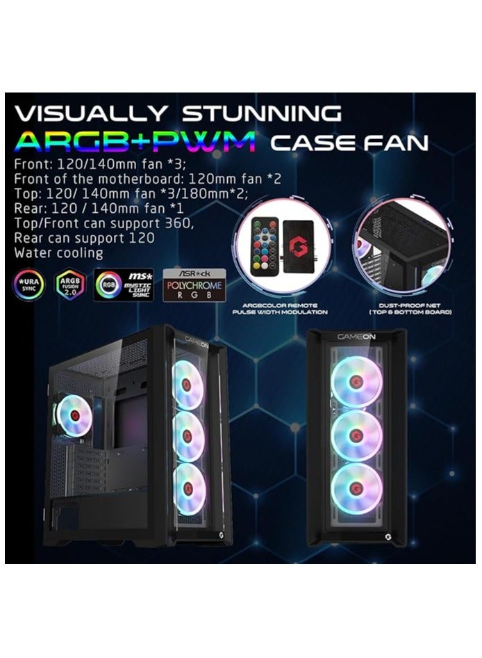 Vortex Midnight Series Mid Tower PC Gaming Case, ARGB+PWM Lighting, 0.8mm Tempered Glass Pre installed 4 RGB Fans Computer Case Dust Filters Black