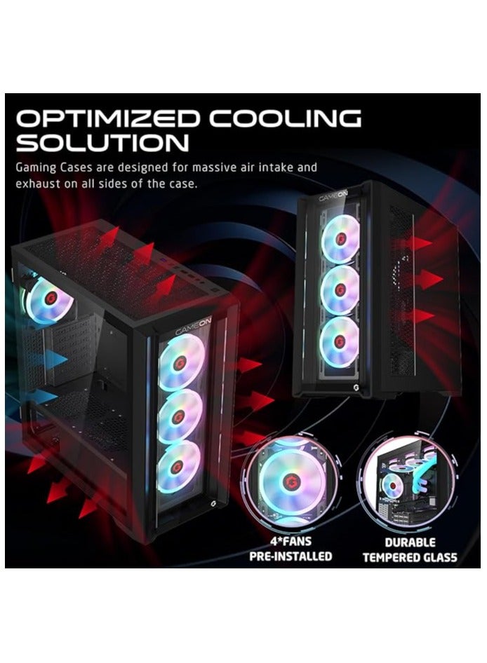 Vortex Midnight Series Mid Tower PC Gaming Case, ARGB+PWM Lighting, 0.8mm Tempered Glass Pre installed 4 RGB Fans Computer Case Dust Filters Black