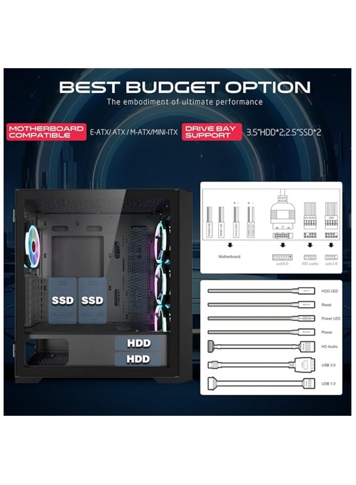 Vortex Midnight Series Mid Tower PC Gaming Case, ARGB+PWM Lighting, 0.8mm Tempered Glass Pre installed 4 RGB Fans Computer Case Dust Filters Black