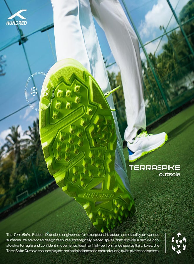 Hundred HyperDrive Cricket Shoes | TerraSpike Rubber Studs | Embedded Support Plate for Stability | Lightweight & Durable | Ideal for Turf, Ground & Hard Surfaces (White/Lime/Blue ; UK 6)