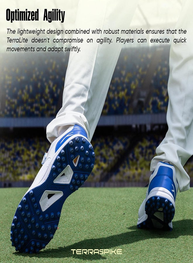 Hundred TerraLite Cricket Shoes | TerraSpike Rubber Studs | Embedded Support Plate for Stability | Lightweight & Durable | Ideal for Turf, Ground & Hard Surfaces (White/Navy Blue/Red ; UK 9)