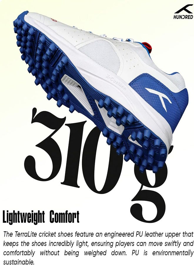 Hundred TerraLite Cricket Shoes | TerraSpike Rubber Studs | Embedded Support Plate for Stability | Lightweight & Durable | Ideal for Turf, Ground & Hard Surfaces (White/Navy Blue/Red ; UK 9)