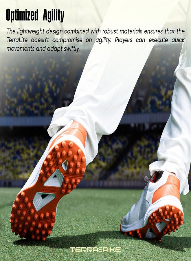 Hundred TerraLite Cricket Shoes | TerraSpike Rubber Studs | Embedded Support Plate for Stability | Lightweight & Durable | Ideal for Turf, Ground & Hard Surfaces (White/Orange ; UK 10)