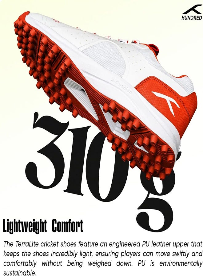 Hundred TerraLite Cricket Shoes | TerraSpike Rubber Studs | Embedded Support Plate for Stability | Lightweight & Durable | Ideal for Turf, Ground & Hard Surfaces (White/Orange ; UK 10)