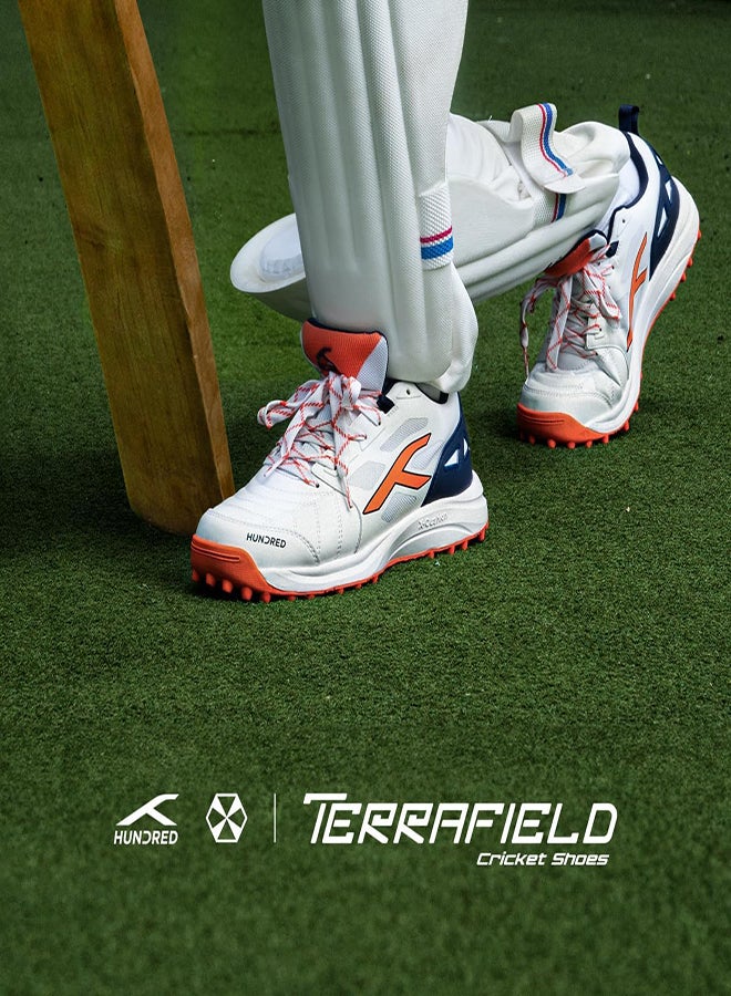 Hundred TerraField Cricket Shoes | TerraSpike Rubber Studs | Embedded Support Plate for Stability | Lightweight & Durable | Ideal for Turf, Ground & Hard Surfaces (White/Orange/Navy ; UK 8)