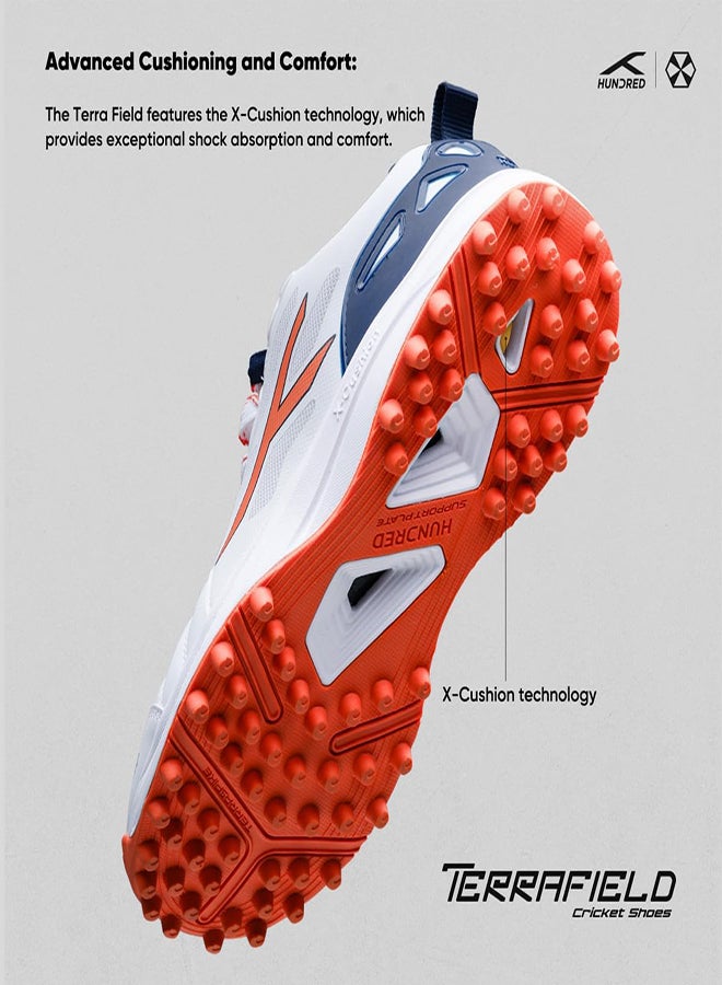 Hundred TerraField Cricket Shoes | TerraSpike Rubber Studs | Embedded Support Plate for Stability | Lightweight & Durable | Ideal for Turf, Ground & Hard Surfaces (White/Orange/Navy ; UK 8)