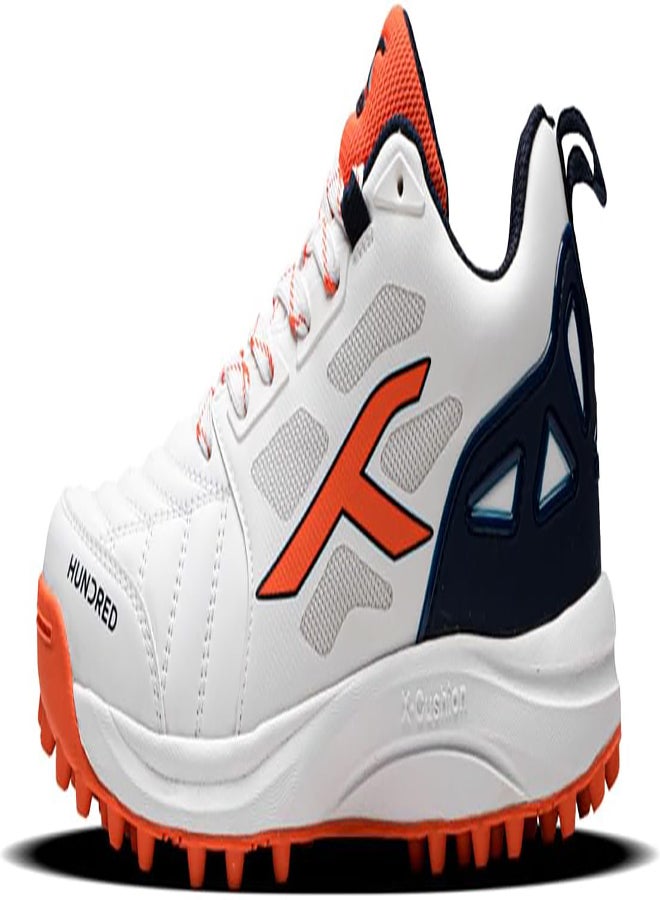 Hundred TerraField Cricket Shoes | TerraSpike Rubber Studs | Embedded Support Plate for Stability | Lightweight & Durable | Ideal for Turf, Ground & Hard Surfaces (White/Orange/Navy ; UK 8)