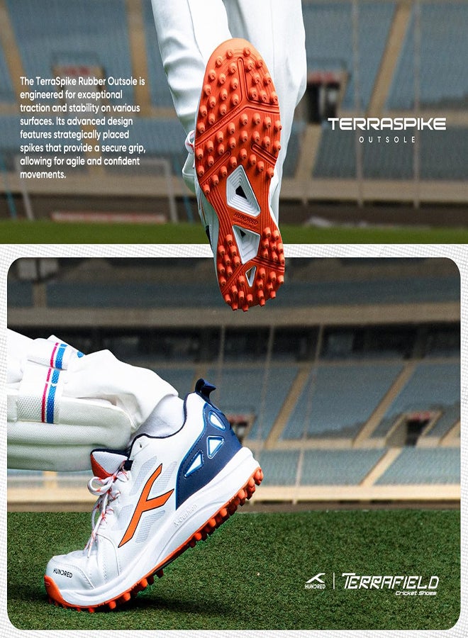 Hundred TerraField Cricket Shoes | TerraSpike Rubber Studs | Embedded Support Plate for Stability | Lightweight & Durable | Ideal for Turf, Ground & Hard Surfaces (White/Orange/Navy ; UK 8)