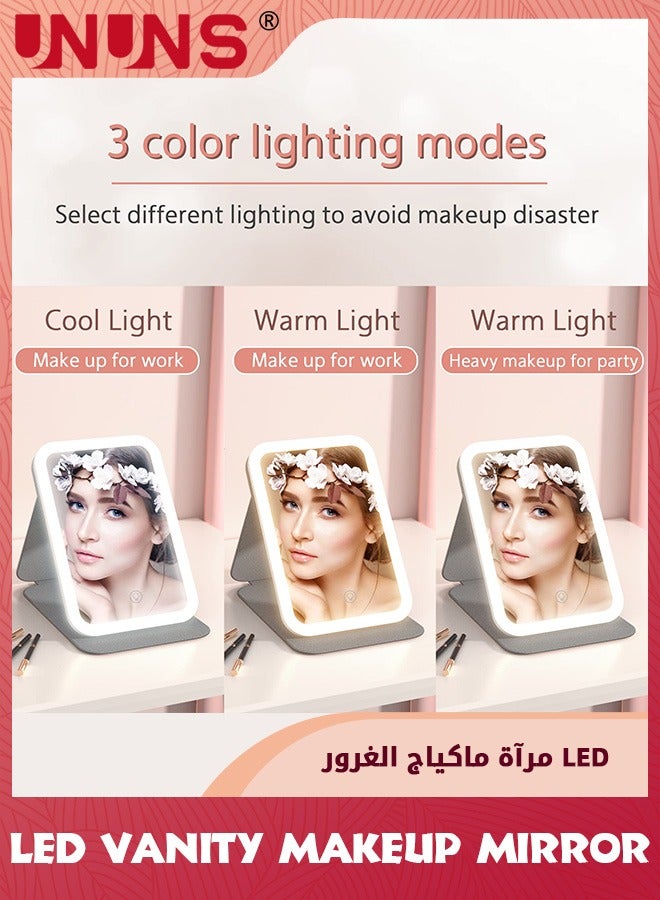 Travel Mirrors,Portable LED Makeup Mirror,360° Rotation Touch Screen Vanity Mirror,Rechargeable Beauty Mirror,3-Color Dimmable Lighting,Compact Tabletop Folding Mirror For Home Bathroom Bedroom