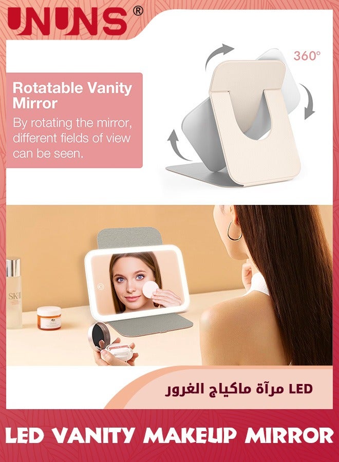 Travel Mirrors,Portable LED Makeup Mirror,360° Rotation Touch Screen Vanity Mirror,Rechargeable Beauty Mirror,3-Color Dimmable Lighting,Compact Tabletop Folding Mirror For Home Bathroom Bedroom