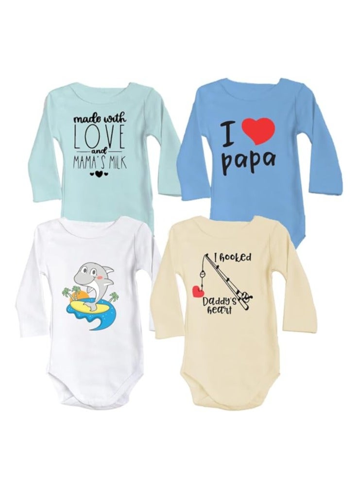 Baby Romper Set for Boys - Pack of 4 Long Sleeve Cotton Rompers - Cute Outfits for Newborns and Toddlers with Snap Closure - Gift for Baby Boys