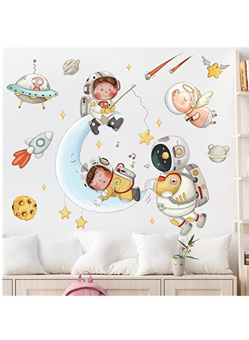 Astronaut Wall Stickers, Cartoon Astronaut Outer Space Moon Wall Stickers, DIY Removable Large Wall Art Decoration, Kids Wall Decals for Kids Baby Boys Girls Playroom Bedroom Decor