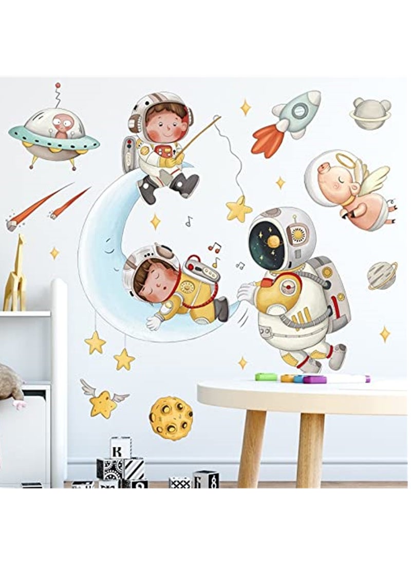 Astronaut Wall Stickers, Cartoon Astronaut Outer Space Moon Wall Stickers, DIY Removable Large Wall Art Decoration, Kids Wall Decals for Kids Baby Boys Girls Playroom Bedroom Decor