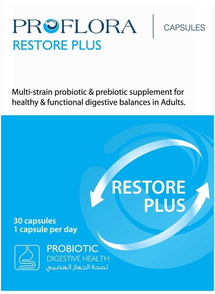 Proflora Restore Plus Multi-Strain Probiotic & Prebiotic Digestive Support Supplement 30 capsules