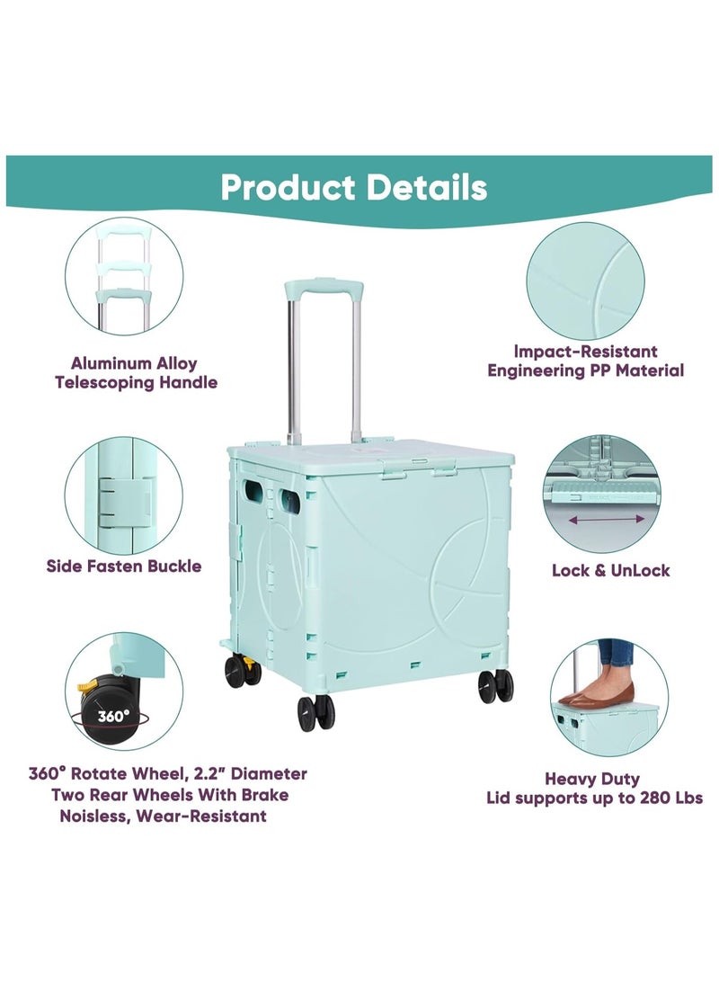 Folding Rolling Utility Cart with Wheels, Noiseless & Wear-Resistant Shopping Trolley, Telescopic Handle for Office, Travel, Picnic, Grocery