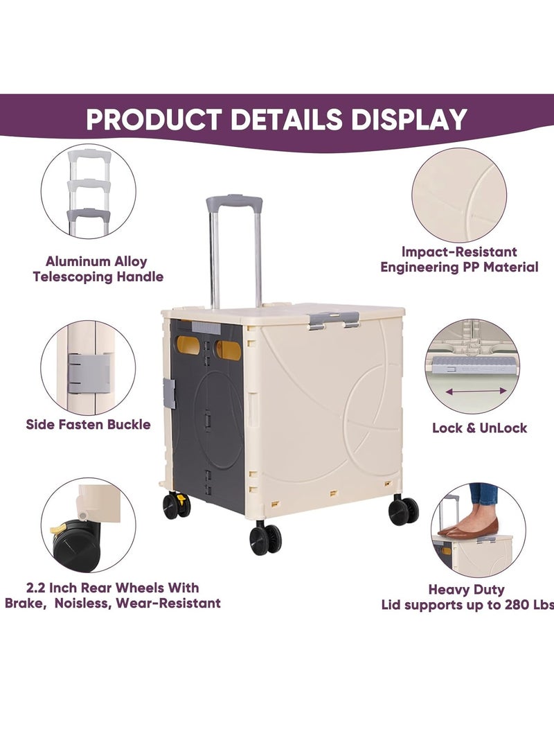 Folding Rolling Utility Cart with Wheels, Noiseless & Wear-Resistant Shopping Trolley, Telescopic Handle for Office, Travel, Picnic, Grocery