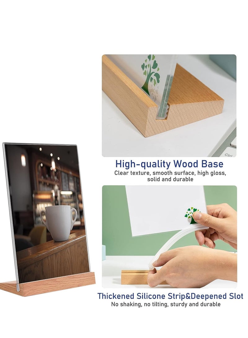 A4 Acrylic Sign Holder Wood, 3 Pack Display Stands Double Sided Menu for Tables, Counter Poster Stand Restaurant Store Company L Shape