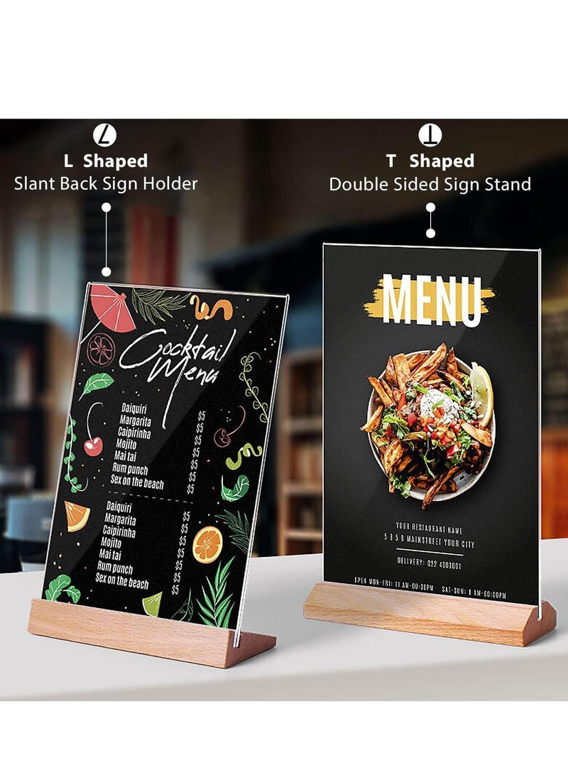 A4 Acrylic Sign Holder Wood, 3 Pack Display Stands Double Sided Menu for Tables, Counter Poster Stand Restaurant Store Company L Shape