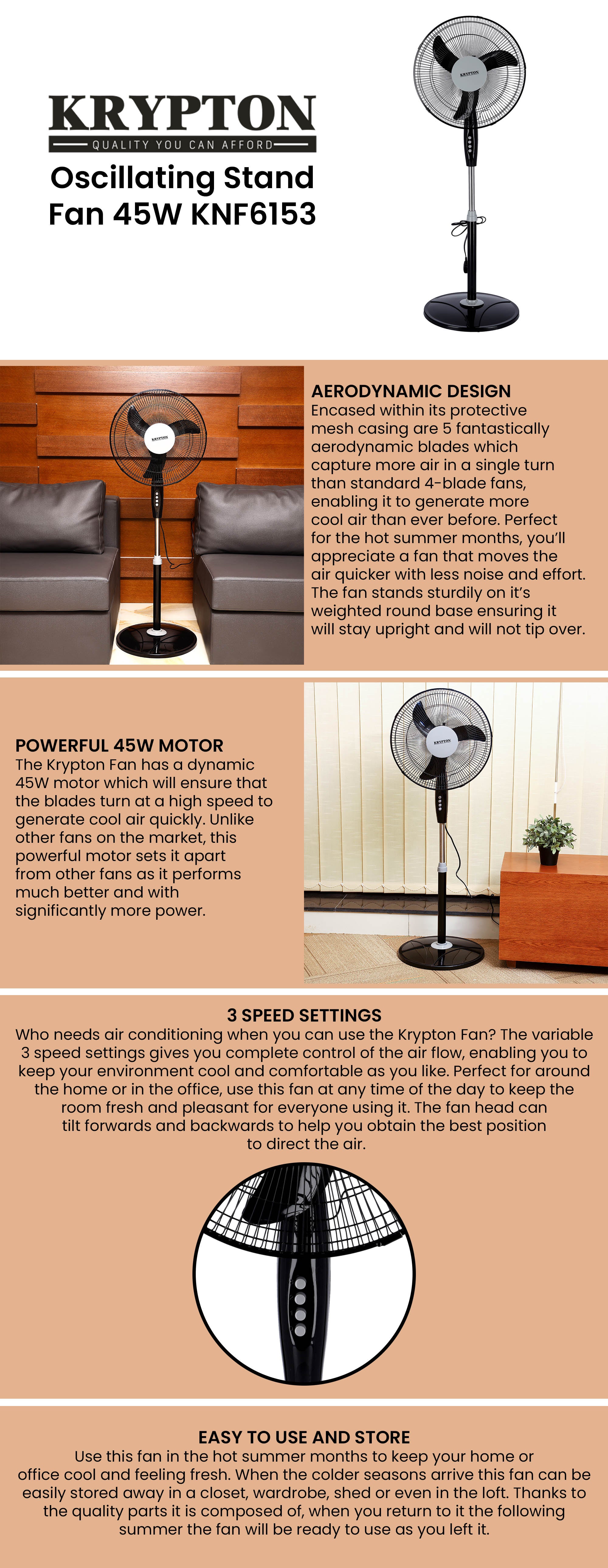 Stand Fan With Aerodynamic Design 3 Leaf Blades 3 Speed Control Oscillation 50/60 Hz Child Protection 45w KNF6153 Black