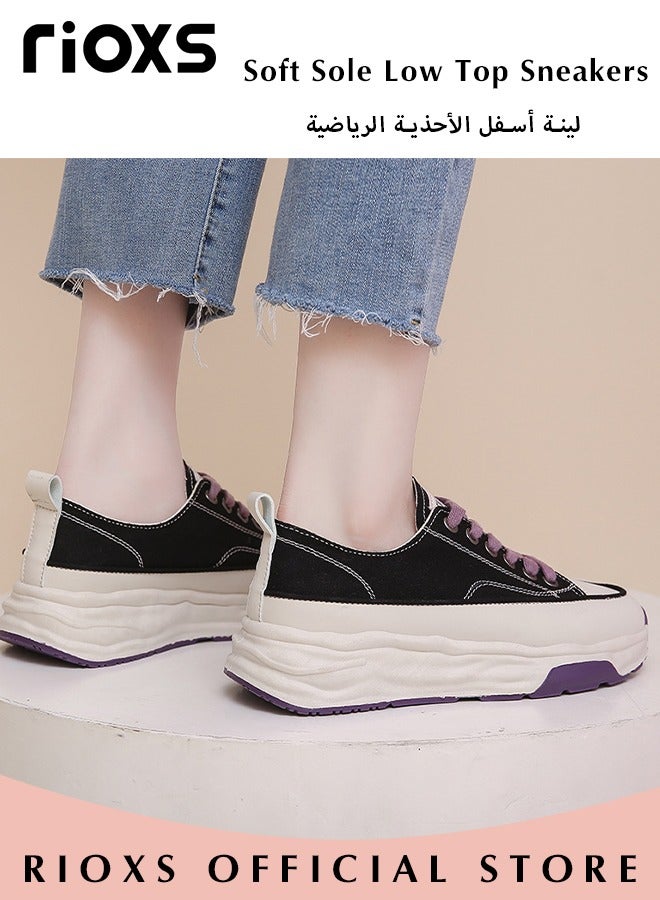 Fashion Thick Sole Canvas Shoes for Women, Casual Low Top Lace up Sneakers with Non-slip Rubber Sole, Ladies Classic Breathable Walking Shoes, Perfect for Casual Everyday Wear and Other Occasions