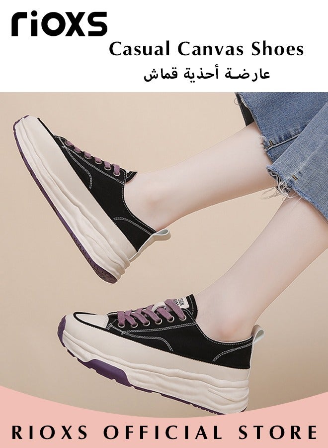 Fashion Thick Sole Canvas Shoes for Women, Casual Low Top Lace up Sneakers with Non-slip Rubber Sole, Ladies Classic Breathable Walking Shoes, Perfect for Casual Everyday Wear and Other Occasions