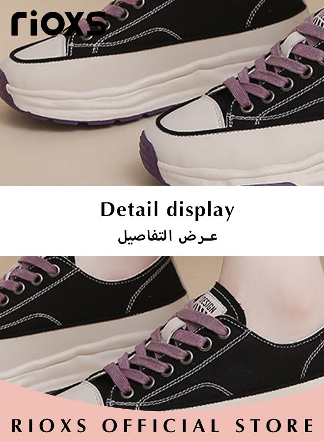 Fashion Thick Sole Canvas Shoes for Women, Casual Low Top Lace up Sneakers with Non-slip Rubber Sole, Ladies Classic Breathable Walking Shoes, Perfect for Casual Everyday Wear and Other Occasions