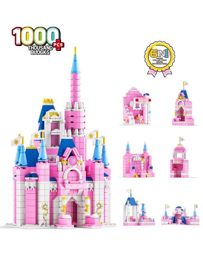 6-in-1 Disney Castle Building Blocks Set, Princess Castle Building Toys, Pink Palace Toy Set, Pink Princess Castle Building Blocks Set, Ideal Gifts for Kids Age 6+ Year Old (1000 PCS)