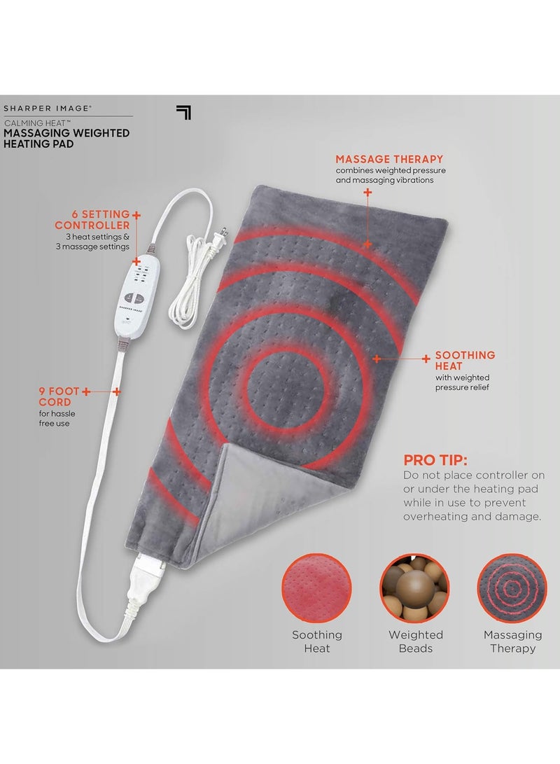 Calming Heat Massaging Weighted Heating Pad by Sharper Image - Electric Heating Pad with Massaging Vibrations, Auto - Off,12 Settings - 3 Heat, 9 Massage - Pain Relief