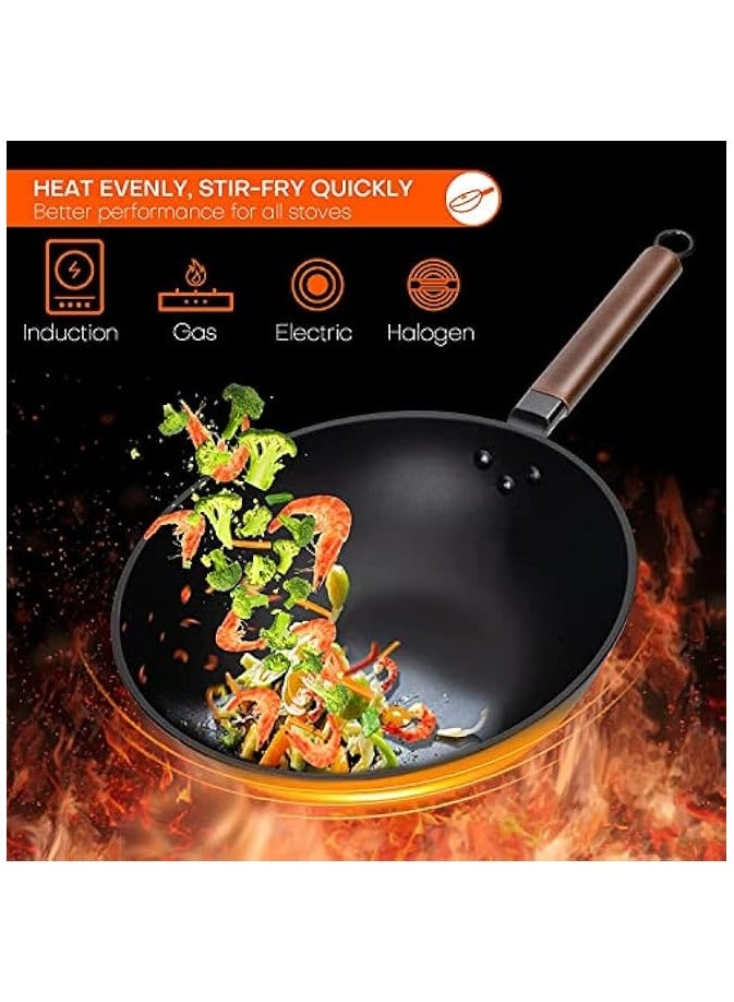 Carbon Steel Wok, 30cm Wok Pan with Lid and Spatula, Nonstick Woks and Stir-fry Pans, No Chemical Coated Flat Bottom Chinese Wok