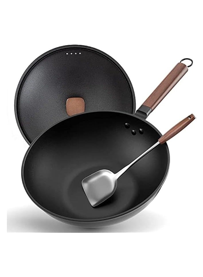 Carbon Steel Wok, 30cm Wok Pan with Lid and Spatula, Nonstick Woks and Stir-fry Pans, No Chemical Coated Flat Bottom Chinese Wok