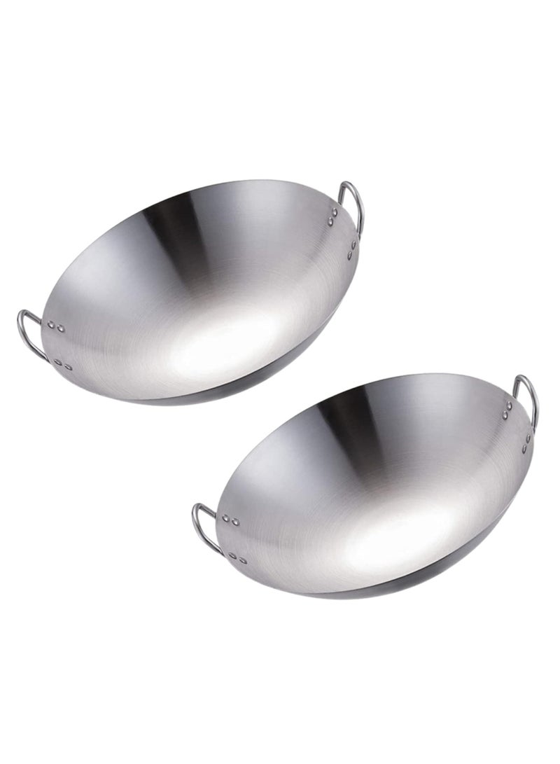 ECVV | 2PCS | Stainless Steel Wok Pan Stir Fry Pan Deep Frying Wok Nonstick Frying Skillet with Double Handles Flat Bottom Wok Chinese Cooking Wok 30cm/11.81 inch