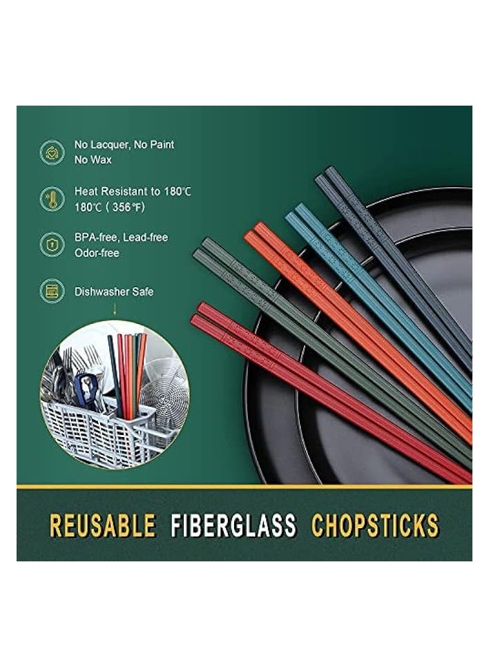 10 Pairs Chopsticks Reusable - 9.5 Inch Fiberglass Chopsticks Dishwasher Safe, Japanese Style Non-Slip Chop Sticks Pack