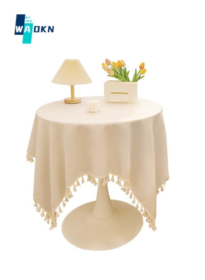 French Square Tablecloth (130 X 130 cm), Tassel Polyester Kitchen Table Cover, Washable Dustproof Tabletop Protection, Classic Wedding Party Home Tabletop Decoration (Off White)