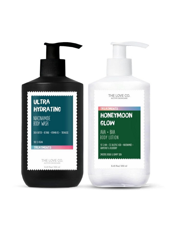 The Love Co Ultra Hydrating Body Wash + Aha Bha Body Lotion | Enriched With Niacinamide & Grapefruit | Targets Acne, Dark Spots & Rough Skin | Sulphate Free, Unisex | Active Skincare | Pack Of 2