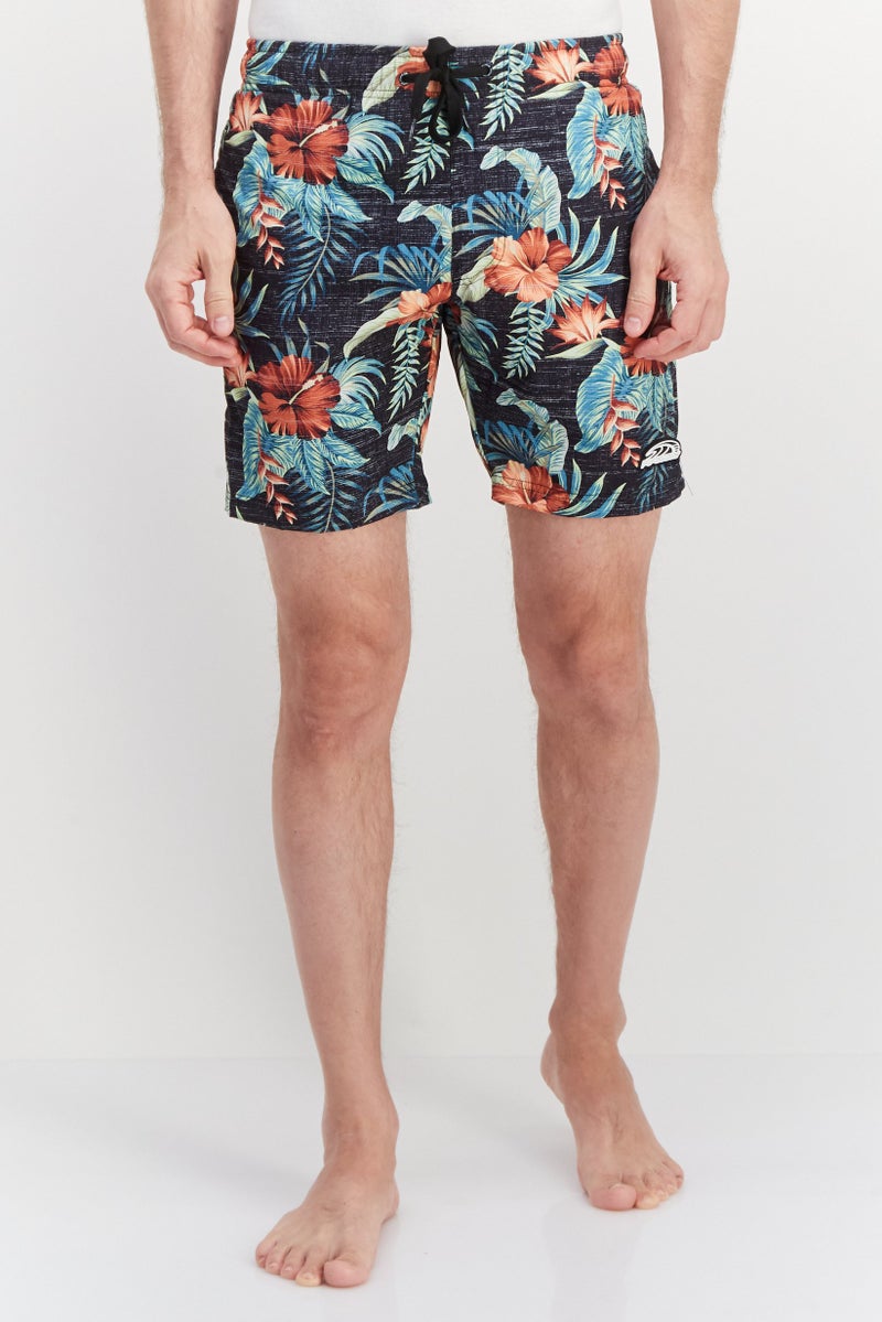 Men Drawstring All Over Printed Board Shorts, Black/Orange Combo